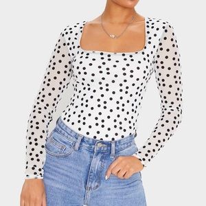 White Polka Dot Mesh Square Neck Bodysuit